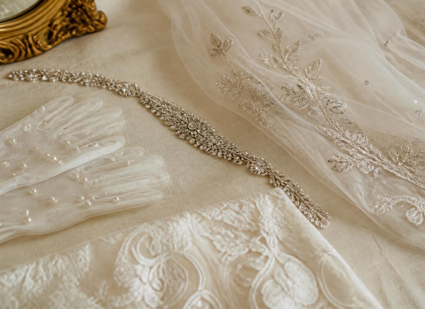 Bridal accessories: crystal belt, embellished veil, pearl gloves and lace