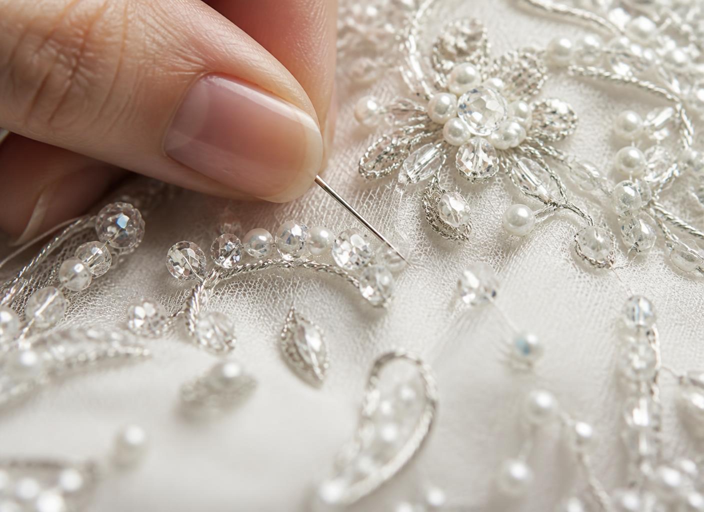 Hand beading with crystals and seed pearls on ivory silk tulle