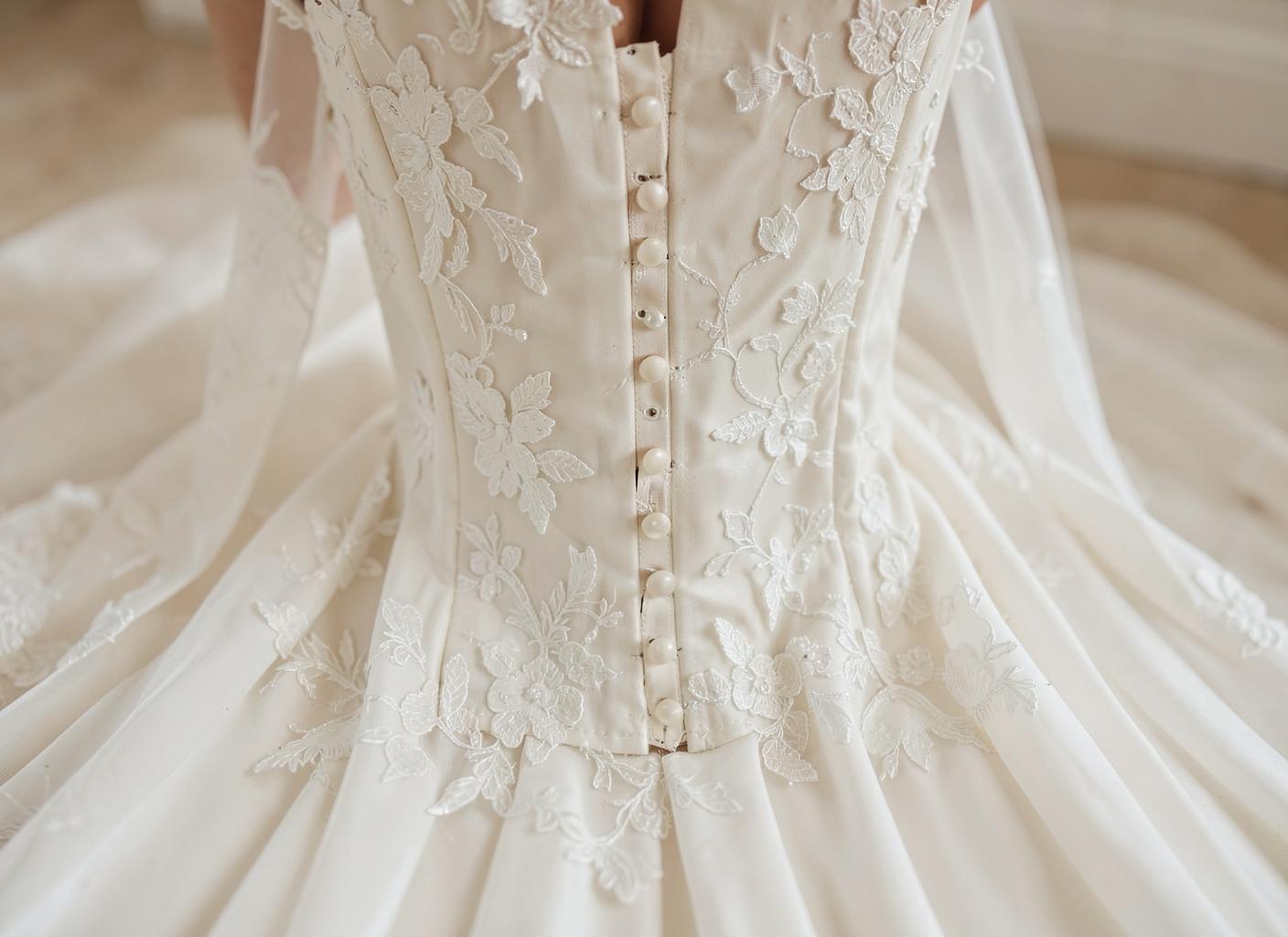 Corset construction and lace appliqué on a bridal train